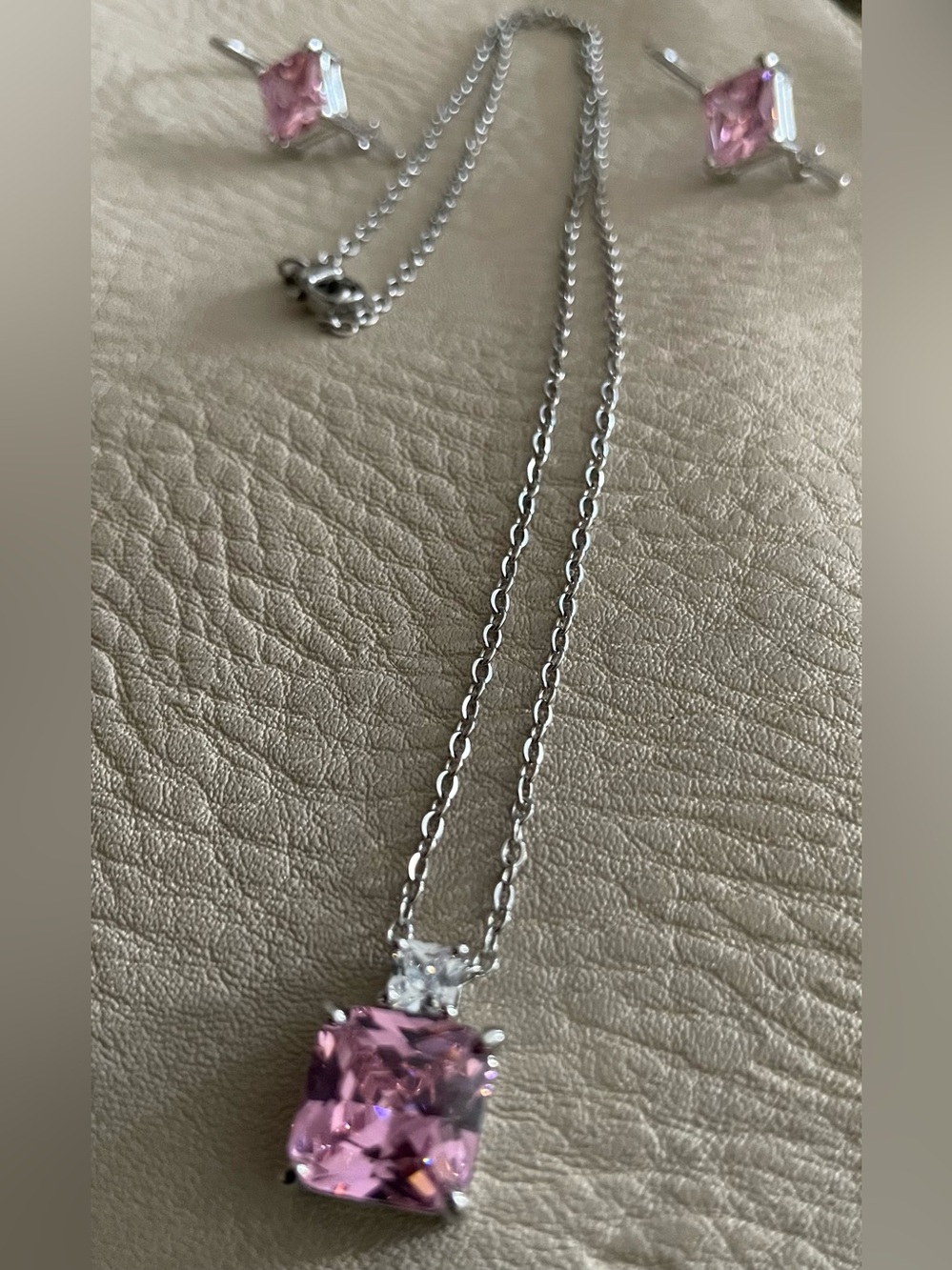 Pink Crystal Pendant Necklace and Earring Set - Silver Tone - Picture 3 of 4